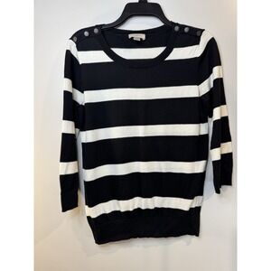 LOFT Women's‎ Lightweight Sweater Sz Med Black/White Stripes Cotton Round Neck